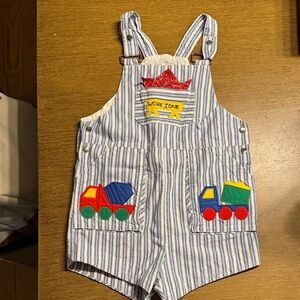 Blue & White Striped Kids Overalls with Truck Patches